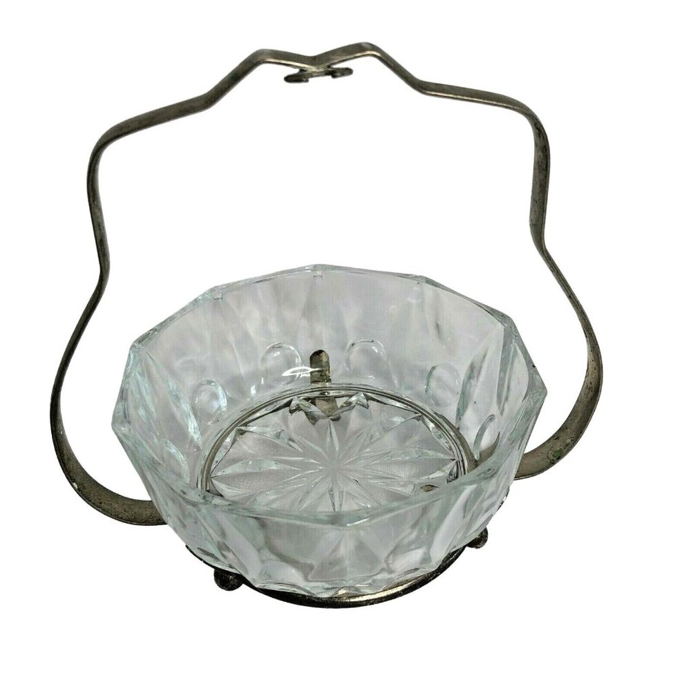 Antique Crystal Glass Sugar Bowl With Ornate Silver Plate Holder